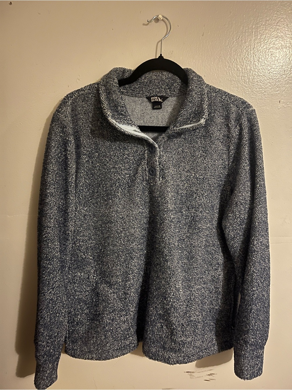 Eddie Bauer woman’s Heathered Navy Quarter-Snap Pullover Sweater